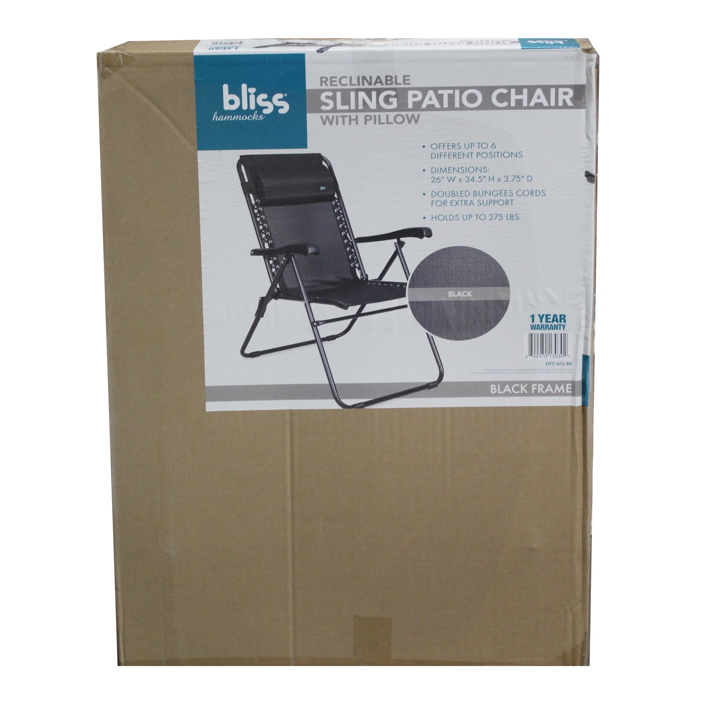 Bliss Reclinable Sling Patio Chair W/ Pillow - Black - Black Frame