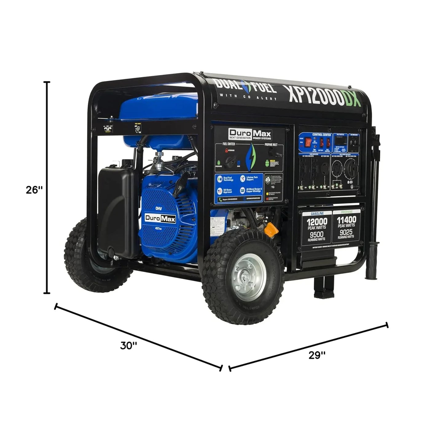 DuroMax XP12000DX 12,000-Watt / 9,500- Watt 457 Cc Electric Start Dual Fuel Portable Generator - Grade A Refurbished